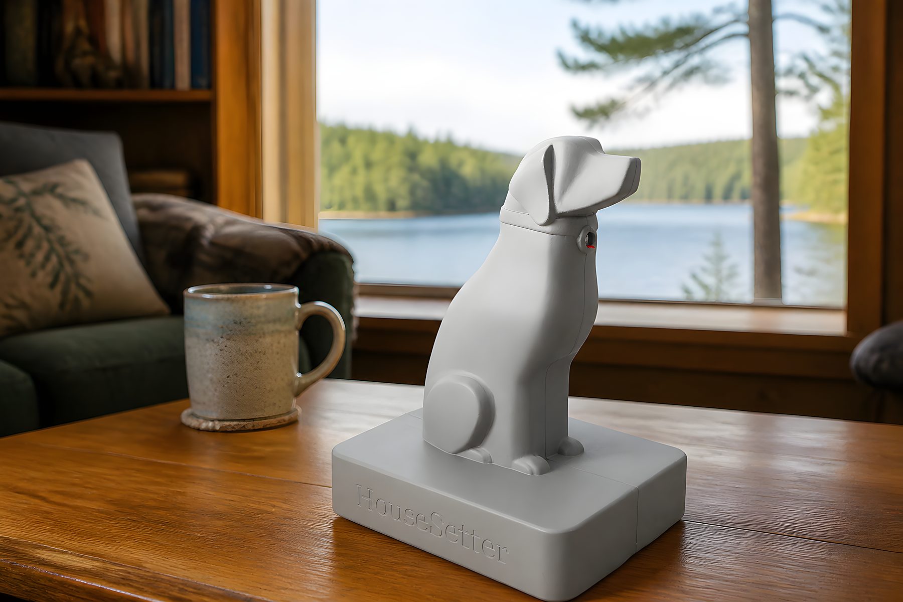 The Sherlock unit on a table in a lakeside cabin, with the lake
                visible through the window behind it